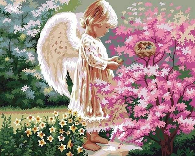 paint by numbers | Little Angel and Flower Bush | flowers intermediate religion | FiguredArt