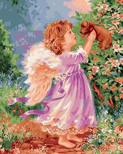 paint by numbers | Little Angel and Puppy | animals dogs intermediate religion romance | FiguredArt