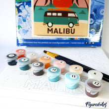 Load image into Gallery viewer, Mini Paint by numbers Travel Poster Malibu 20x20cm already framed