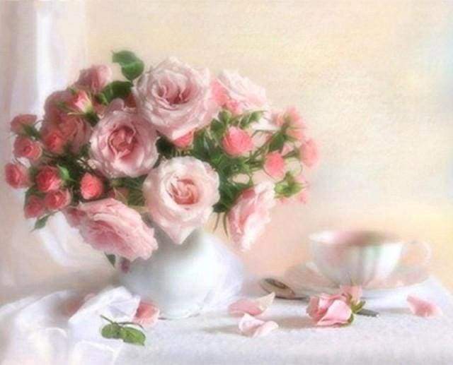 paint by numbers | Pink Roses on a white Table | advanced flowers | FiguredArt