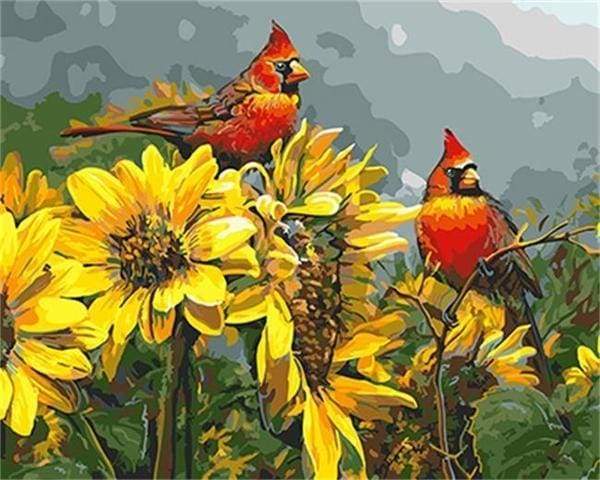 paint by numbers | Red Birds and Sunflowers | animals birds flowers intermediate | FiguredArt