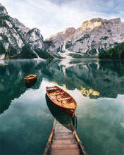 Load image into Gallery viewer, paint by numbers | Small boat and Mountain Lake | intermediate landscapes new arrivals ships and boats | FiguredArt