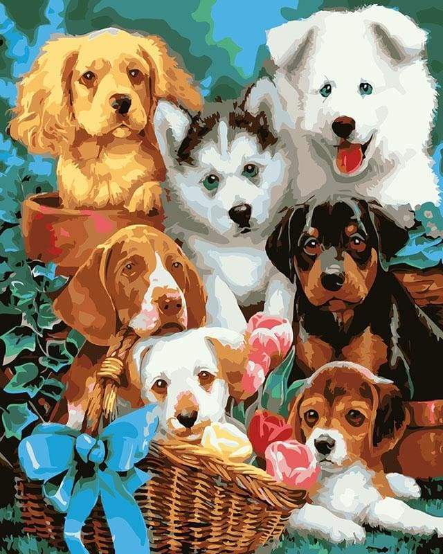 paint by numbers | Small Dogs in a Basket | animals dogs intermediate | FiguredArt