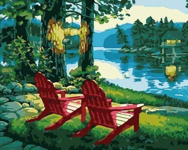 paint by numbers | Sun Loungers on Lake | easy landscapes | FiguredArt
