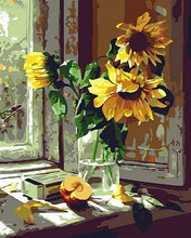 Load image into Gallery viewer, paint by numbers | Sunflowers and apple in front of the window | easy flowers | FiguredArt