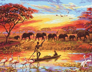 paint by numbers | Sunset with Elephants | animals elephants intermediate landscapes world | FiguredArt