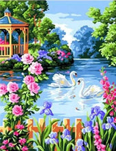 Load image into Gallery viewer, paint by numbers | Swan Lake on a Sunny Day | animals birds intermediate landscapes swans | FiguredArt