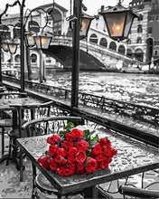 Load image into Gallery viewer, paint by numbers | Terrace and Bouquet of Roses | cities flowers intermediate romance | FiguredArt