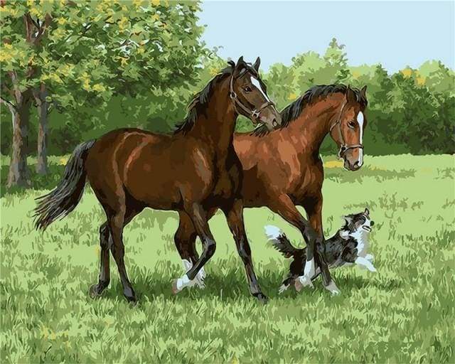 paint by numbers | Two Horses And Dog | animals dogs horses intermediate | FiguredArt