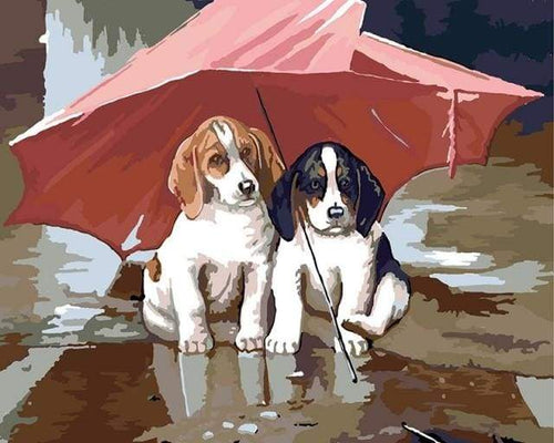 paint by numbers | Two Puppies under a red umbrella | animals dogs easy | FiguredArt