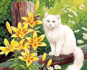 paint by numbers | White Cat and Yellow Flowers | animals cats intermediate | FiguredArt