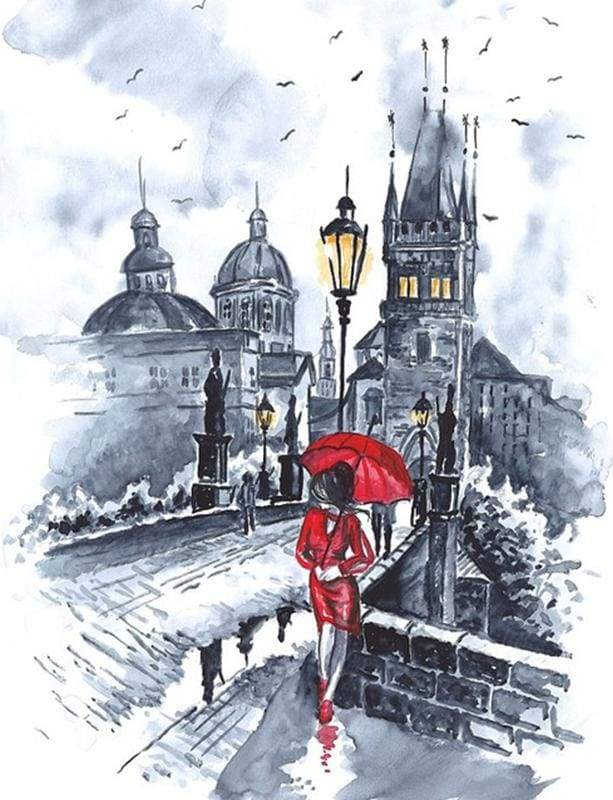paint by numbers | Woman in red and Umbrella | cities intermediate | FiguredArt