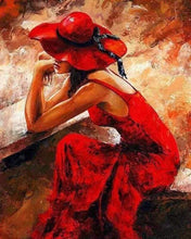 Load image into Gallery viewer, paint by numbers | Woman wearing a Red Dress and Hat | advanced romance | FiguredArt