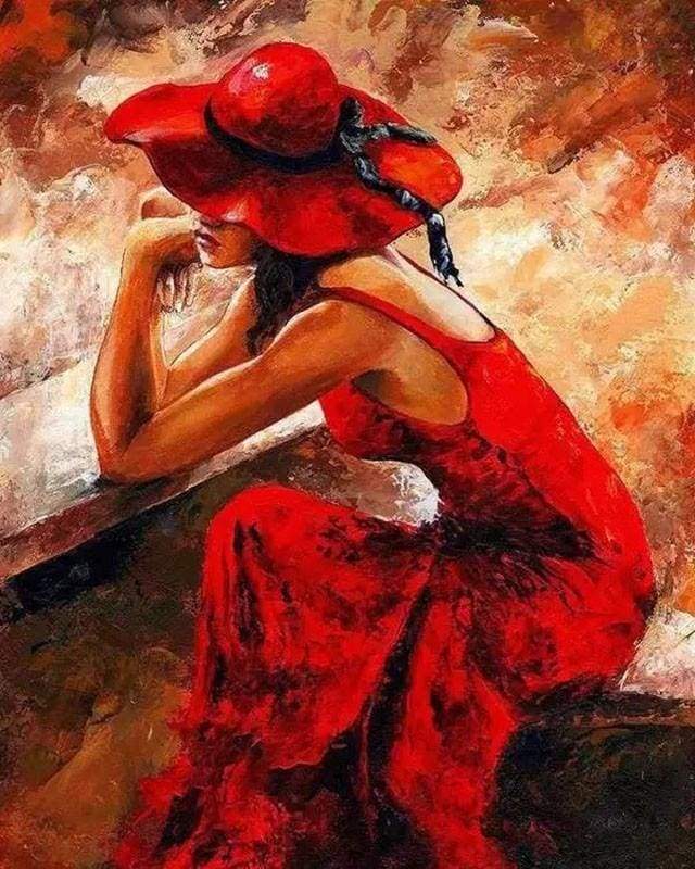 paint by numbers | Woman wearing a Red Dress and Hat | advanced romance | FiguredArt